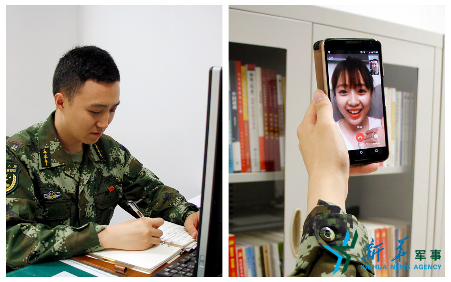 &uarr;陳德正，武警北京總隊(duì)七支隊(duì)某中隊(duì)指導(dǎo)員。七夕前夜堅(jiān)守在值班崗位上的他，在結(jié)束值班后給妻子打了個(gè)視頻電話，通過(guò)網(wǎng)絡(luò)表達(dá)著對(duì)妻子的愛意。閆星辰 攝