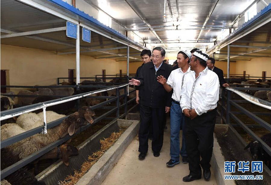 9月27日，中共中央政治局常委、全國政協(xié)主席、中央代表團團長俞正聲率中央代表團部分成員赴喀什地區(qū)莎車縣看望各族干部群眾。這是俞正聲在新疆生產(chǎn)建設(shè)兵團第三師莎車農(nóng)場實地察看萬只羊養(yǎng)殖基地。新華社記者 饒愛民 攝