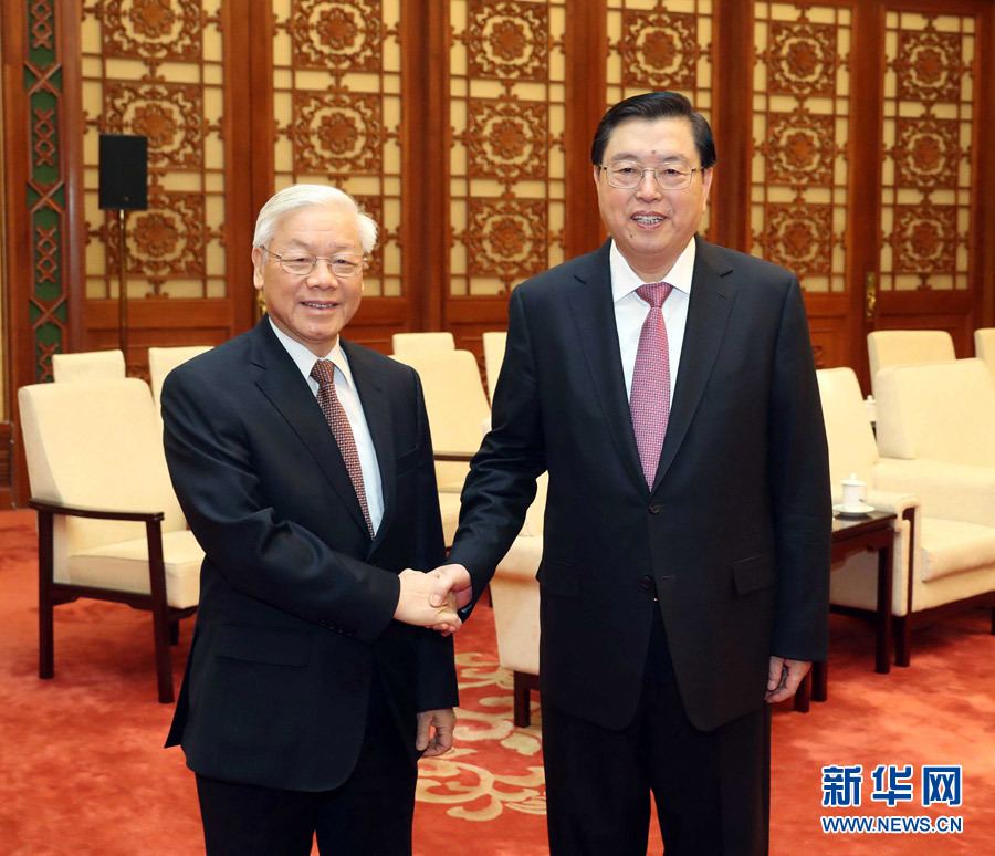 1月13日，中共中央政治局常委、全國(guó)人大常委會(huì)委員長(zhǎng)張德江在北京人民大會(huì)堂會(huì)見(jiàn)越共中央總書(shū)記阮富仲。 新華社記者 劉衛(wèi)兵 攝