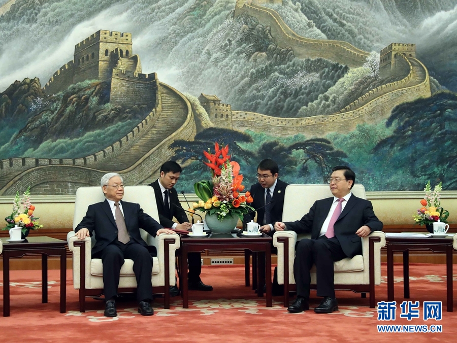 1月13日，中共中央政治局常委、全國(guó)人大常委會(huì)委員長(zhǎng)張德江在北京人民大會(huì)堂會(huì)見(jiàn)越共中央總書(shū)記阮富仲。 新華社記者 劉衛(wèi)兵 攝