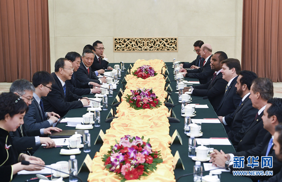 3月22日，中共中央書記處書記、全國政協(xié)副主席杜青林在北京會見巴西民主運動黨眾議院黨團領袖羅西率領的該黨干部考察團。 新華社記者張領攝