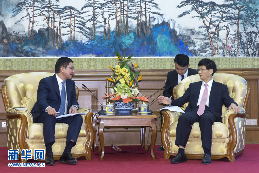 7月19日，中共中央政治局委員、中央政法委書記孟建柱在北京會見烏茲別克斯坦副總理庫奇卡羅夫。 新華社記者崔新鈺攝