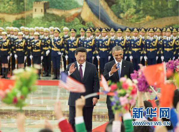 11月12日，國家主席習(xí)近平在北京人民大會(huì)堂舉行歡迎儀式，歡迎美國總統(tǒng)奧巴馬對中國進(jìn)行國事訪問。 新華社記者 黃敬文 攝