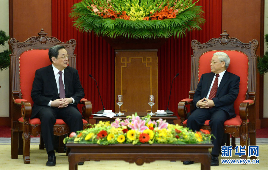 12月25日至27日，中共中央政治局常委、全國政協(xié)主席俞正聲對(duì)越南進(jìn)行正式訪問。這是12月26日，俞正聲在河內(nèi)會(huì)見越共中央總書記阮富仲。 新華社記者馬占成攝