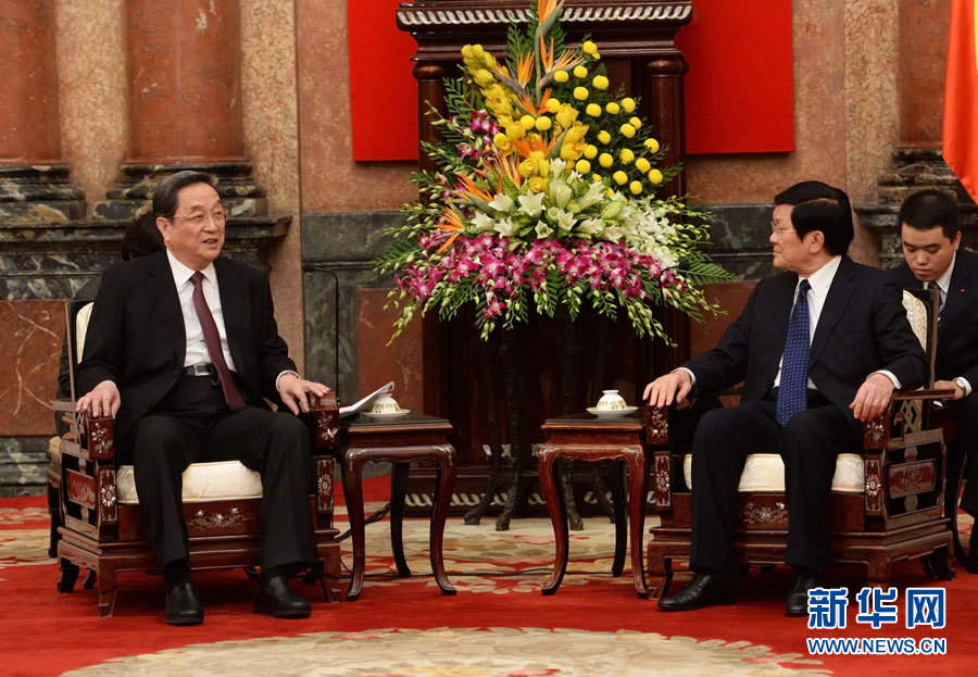 12月25日至27日，中共中央政治局常委、全國政協(xié)主席俞正聲對(duì)越南進(jìn)行正式訪問。這是12月26日，俞正聲在河內(nèi)會(huì)見越南國家主席張晉創(chuàng)。 新華社記者劉建生攝