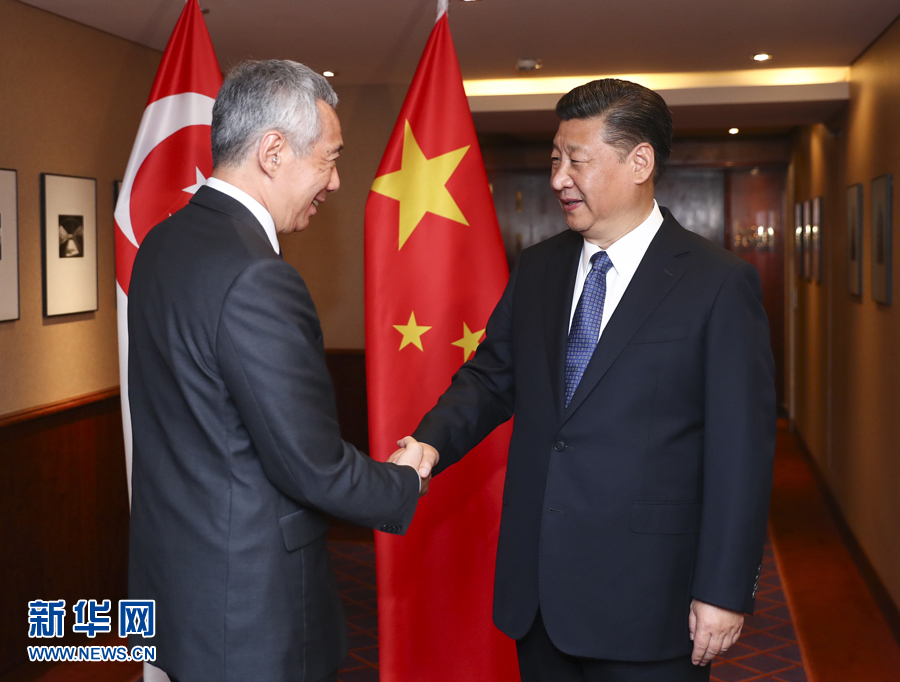 7月6日，國家主席習(xí)近平在漢堡會見新加坡總理李顯龍。 新華社記者謝環(huán)馳 攝